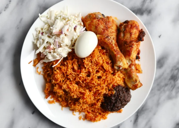 Jollof Rice with a protein, Fried Plantain, and Salad